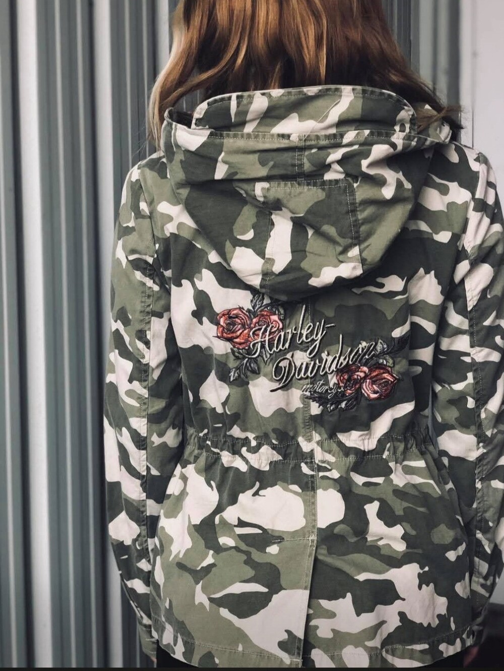 Harley-Davidson Olive & White Camo Hooded Jacket with Rose Embroidery